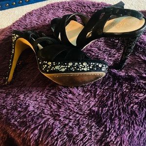 Black suede heels 4 1/2” heels with rhinestones.
